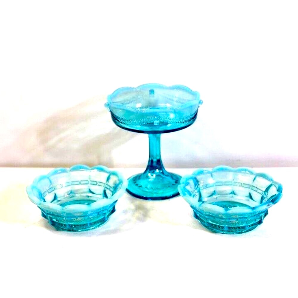 Lot of 3 Antique Northwood Art Glass Company Blue Opalescent Bowls Candy Dishes